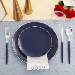 175 pièces de assiettes en plastique bleues avec bord argenté et couverts jetables argentés avec bleu