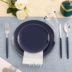 175 pièces de assiettes en plastique bleues avec bord argenté et couverts jetables argentés avec bleu