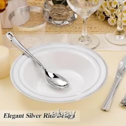 200 Assiettes en plastique à bord argenté de 12 oz, vaisselle jetable pour les mariages