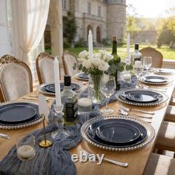 200 pièces Assiettes en plastique bleues avec bord argenté Assiettes en plastique bleu marine