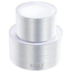 200PCS Assiettes en Plastique Argentées Assiettes en Plastique Blanches avec Bord Argent Comprend 1