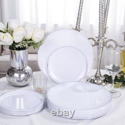200PCS Assiettes en Plastique Argentées Assiettes en Plastique Blanches avec Bord Argent Comprend 1