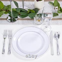 200PCS Assiettes en Plastique Argentées Assiettes en Plastique Blanches avec Bord Argent Comprend 1