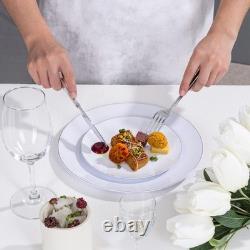 200PCS Assiettes en Plastique Argentées Assiettes en Plastique Blanches avec Bord Argent Comprend 1