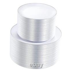 200PCS Assiettes en Plastique Blanches avec Bord, Comprend 200 PCS Argent