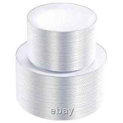 200PCS Assiettes en Plastique Blanches avec Bord, Comprend 200 PCS Argent