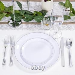 200PCS Assiettes en Plastique Blanches avec Bord, Comprend 200 PCS Argent