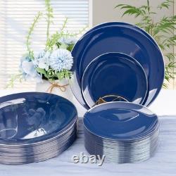 200PCS Assiettes en plastique bleues avec bord argenté Assiettes en plastique bleu marine incluses