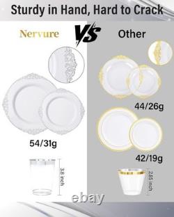 350 pièces Assiettes en Plastique Blanc Argent et Couvert en Élégance Baroque, Jetables