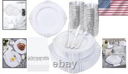 350 pièces Assiettes en plastique blanches et argentées & couverts Élégance baroque, jetables