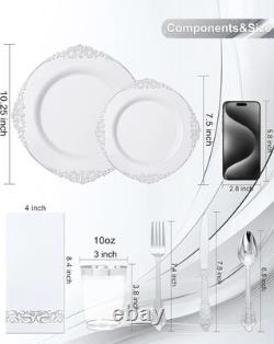 350 pièces Assiettes en plastique blanches et argentées & couverts Élégance baroque, jetables