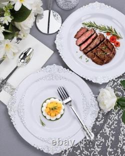350 pièces Assiettes en plastique blanches et argentées & couverts Élégance baroque, jetables