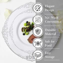 350 pièces Assiettes en plastique blanches et argentées & couverts Élégance baroque, jetables