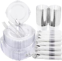 350 pièces d'assiettes en plastique transparent argenté, ensembles d'assiettes jetables argentées, comprennent 50