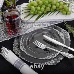 350 pièces d'assiettes en plastique transparent argenté, ensembles d'assiettes jetables argentées, comprennent 50