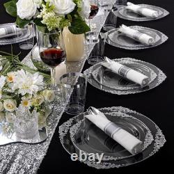 350 pièces d'assiettes en plastique transparent argenté, ensembles d'assiettes jetables argentées, comprennent 50