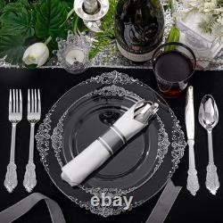 350 pièces d'assiettes en plastique transparent argenté, ensembles d'assiettes jetables argentées, comprennent 50