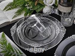 350 pièces d'assiettes en plastique transparent argenté, ensembles d'assiettes jetables argentées, comprennent 50