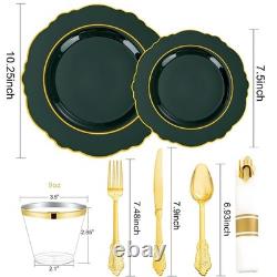 350PCS Assiettes en Plastique Vert Foncé Jetables avec Bord Doré 50