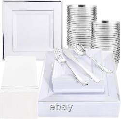 350Pcs Assiettes en Plastique Argentées Carrées 9,5 et 6 pour 50 personnes