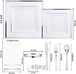 350Pcs Assiettes en Plastique Argentées Carrées 9,5 et 6 pour 50 personnes