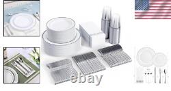 50 Assiettes, Gobelets et Couverts en Plastique avec Bord Argenté pour un Repas Sans Tracas