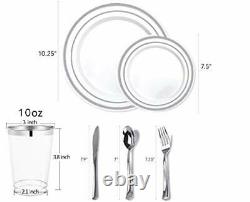 700 Piece Silver Disposable Dinnerware Set Rim Plastic Plate 100 Guest Wedding