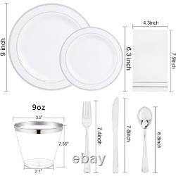 700PCS Assiette en Plastique Argentée Ensemble d'Assiettes Argentées 100 Invités Jetables