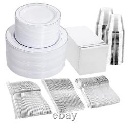 700PCS Assiettes en Plastique Argentées Ensemble de 100 Invités Bord Argenté