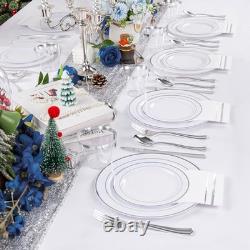 700PCS Assiettes en Plastique Argentées Ensemble de 100 Invités Bord Argenté