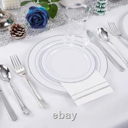 700PCS Assiettes en Plastique Argentées Ensemble de 100 Invités Bord Argenté