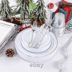 700PCS Assiettes en Plastique Argentées Ensemble de 100 Invités Bord Argenté