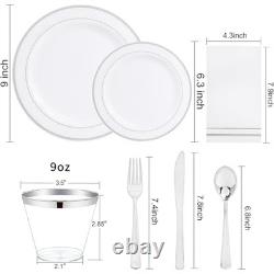 700PCS Assiettes en Plastique Argentées Ensemble de 100 Invités Bord Argenté
