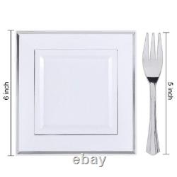 Assiettes à dessert en plastique argenté avec fourchettes en plastique 6 100 carrées jetables A