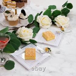 Assiettes à dessert en plastique argenté avec fourchettes en plastique 6 100 carrées jetables A