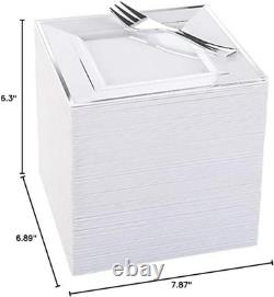 Assiettes à dessert en plastique argenté avec fourchettes en plastique 6 100 carrées jetables A