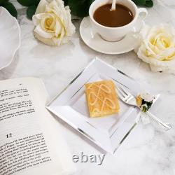Assiettes à dessert en plastique argenté avec fourchettes en plastique 6 100 carrées jetables A