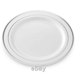 Assiettes à dîner en plastique avec bord argenté (paquet de 100) 10,25 pouces poids lourd blanches