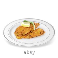 Assiettes à dîner en plastique avec bord argenté (paquet de 100) 10,25 pouces poids lourd blanches