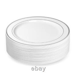 Assiettes de Dîner en Plastique à Bord Argenté (100 pièces) 10,25 pouces Lourdes Blanches