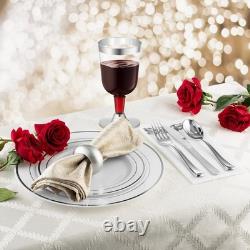 Assiettes de Dîner en Plastique à Bord Argenté (100 pièces) 10,25 pouces Lourdes Blanches