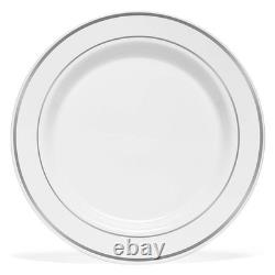 Assiettes de Dîner en Plastique à Bord Argenté (100 pièces) 10,25 pouces Lourdes Blanches