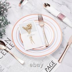Assiettes de fête jetables élégantes à bord argenté, lot de 50 assiettes, bols à salade, couverts, neuf
