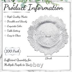 Assiettes de présentation 100 pièces 13 pouces argentées en plastique pour mariage, bord festonné métallique effet corail