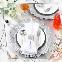 Assiettes de présentation 100 pièces 13 pouces argentées en plastique pour mariage, bord festonné métallique effet corail
