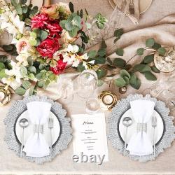 Assiettes de présentation 100 pièces 13 pouces argentées en plastique pour mariage, bord festonné métallique effet corail
