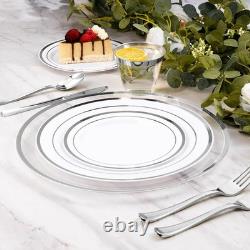 Assiettes de service argentées de 12 pouces, paquet de 50 transparentes avec bord argenté, jetables