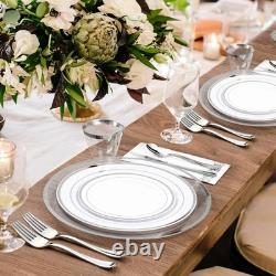 Assiettes de service argentées de 12 pouces, paquet de 50 transparentes avec bord argenté, jetables