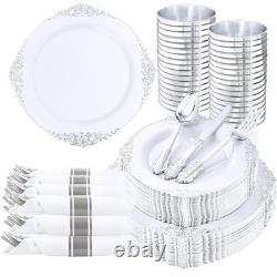 Assiettes en plastique 350 pièces argentées pour 50 invités, services de table nervurés jetables