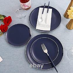 Assiettes en plastique KIRE de 175 pièces avec bordure argentée & Couverts en plastique argenté jetables en bleu